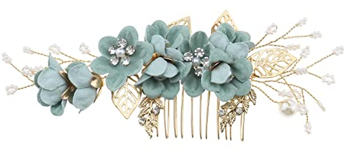 eMagTech Haarkamm Blume Seite Haarspangen Strass Perle Blumen Kopfbedeckung Haarwerkzeuge Haarschmuck für Hochzeit Braut Brautjungfer Grün