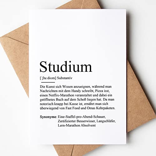 KAMEWI® Grußkarte STUDIUM Definition | Klappkarte mit Briefumschlag aus Kraftpapier | Gymnasium Schüler Oberstufe Student Geschenk Schulabschluss