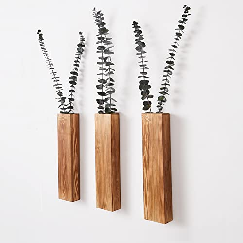Mokof 3 Stück Wandpflanzgefäße für Zimmerpflanzen, Holzwanddekoration für Badezimmer, Wohnzimmer, Moderne Bauernhaus-Holz-Taschenwandvasen für getrocknete Blumen und künstliche grüne Pflanzen (braun)