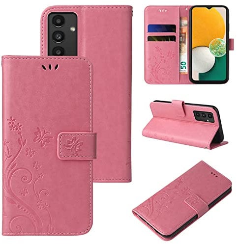 LBH Handy Hülle für Samsung Galaxy A13 Case Handytasche Schmetterling Blumen Flower Standfunktion Schutzhülle Magnet Rundum Schutz 360 Grad Flipcase Cover Rosegold