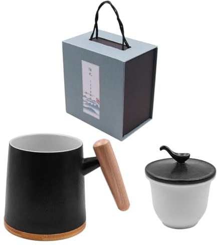 NUZAMAS Tasse à thé avec couvercle et infuseur - 400 ml - Poignée en bois - Tasse en céramique - Grande capacité - Réutilisable - Cadeau pour le bureau, la maison