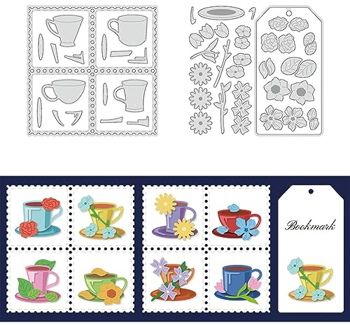 BENECREAT 2pcs Vintage Teacup Stamp Die Cut Metal Paper Cutting Dies Stencils, Flower Leaves Metal Embossing Stencils Template for Paper Card Making DIY Scrapbooking Album Craft Decor