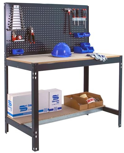 SimonRack Etabli d’Atelier, Capacité de Charge 400 kg, 1445x910x610 mm, Panneau Perforé, Table de Travail Bricolage, Anthracite/Bois - BT2