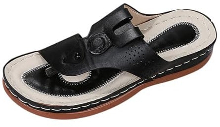 Damen Orthopädische Leder-Zehenring Sandalen Fußgewölbeunterstützung Comfort Elegant Non-Slip Sole Geeignet für Dates Strände Urlaub täglichen Gebrauch,Schwarz,41