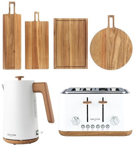 Salter Toronto Kettle, Toaster & Serving Board Set – Kitchen Countertop, 55cm & 60cm Serving Board, Chopping & Pizza Boards, FSC®- Certified Acacia Wood, Wide Slot Toaster, 3kW Rapid Boil, White