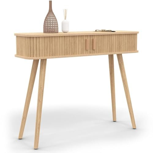 IDMarket - Console 2 Portes coulissantes Romie Lattes tasseau Bois Coloris chêne