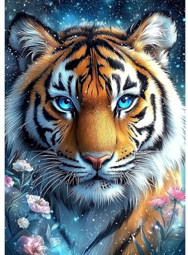 DAERLE Diamond Painting Kit pour Adulte Débutant, 5D Diamant Painting Tigre lumineux, Diamond Peinture LTigre en fleurs Diamant Adulte, Diamant Strass Cristal Painting pour Murale Décoration 30x40cm