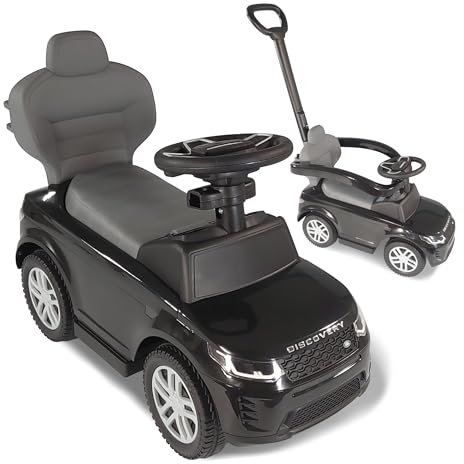 Lemodo Rutschauto ab 1 Jahr – Rutscherfahrzeug schwarz Kinderfahrzeug mit Schiebestange und Sicherheitsbügel, Rutscherauto mit Staufach und Sound-Lenkrad, Lizenziertes Kinderspielzeug von Land Rover