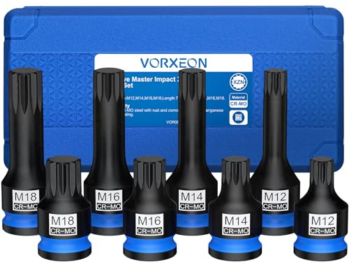 VORXEON 8PCS XZN Vielzahn Steckschlüsselsatz 1/2 Zoll, M-Typ vielzahn nuss satz aus 42CrMo, kurze & lange M12/M14/M16/M18 xzn nuss satz für Schlagschrauber mit Aufbewahrungsbox