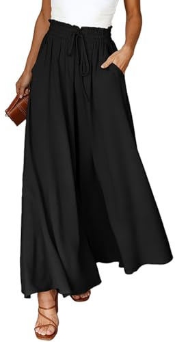 CMTOP Pantalon Femme Elegant Fluide Eté Elastique Taille Haute Pantalons Décontracté Léger Pantalon à Jambes Larges Le Travail and Le Bureau avec Poches (Noir, L)