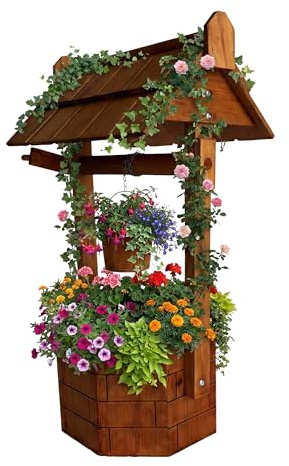 Relaxdays Zierbrunnen, Ziegelstein Optik, Garten Dekobrunnen, Eimer & Kurbel, HBT: 75 x 43 x 31 cm, Holzbrunnen, orange