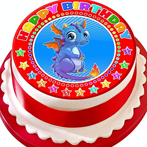 Cute Baby Dragon Happy Birthday PRECUT 7.5 INCH Cake Topper Edible Decoration Icing Sheet