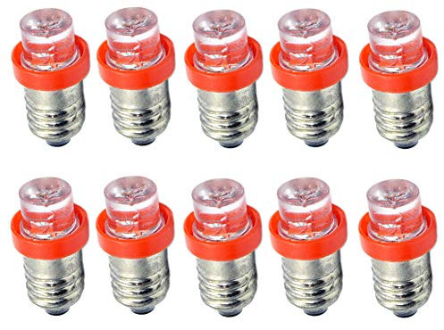 Ruiandsion LED-Leuchtmittel, 6 V, 12 V, E10, Weiß/Blau/Rot/Grün/Gelb, E10-Sockel, für Scheinwerfer, Taschenlampen, Mini-Stirnlampe, negative Erde, 10 Stück, rot, 6V 6.00volts