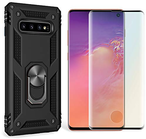 NALIA Coque + Verre Trempé Compatible avec Samsung Galaxy S10, 9H Tempered Glass & Cover avec Anneau Rotation de 360°, Support de Voiture Magnetique, Hard-Case & Silicone Bumper, Couleur:Noir