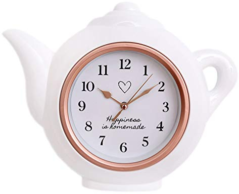 White And Rose Gold Teapot Shaped Kitchen Clock | Modern Wall Mounted Analogue Kettle Wall Clock | 'Happiness Is Homemade' - 28cm