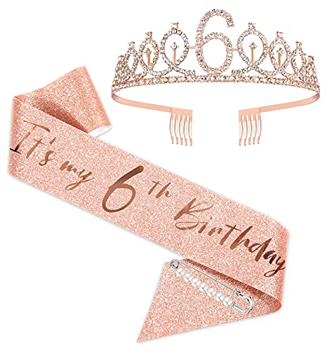 6. Geburtstagsschärpe und Tiara für Mädchen, Roségold Geburtstagsschärpe Krone 6 & Fabulous Schärpe und Tiara für Mädchen, 6. Geburtstagsgeschenke für alles Gute zum 6. Geburtstagsgeschenk