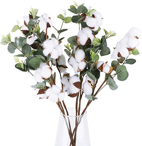 VINFUTUR 6 Stück Trockenblumen Baumwolle Zweig Getrocknete Blumen Natürlich Baumwolle mit Künstliche Eukalyptus Blumensträuße für Party Home Tischdeko