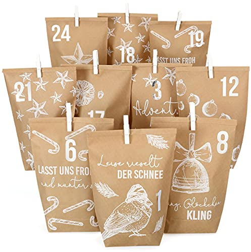 Papierdrachen Extravaganter Adventskalender zum Befüllen - mit 24 braunen Geschenktüten und 24 Zahlenaufklebern - Motiv White Christmas - zum Basteln und Verschenken - Weihnachten & Advent