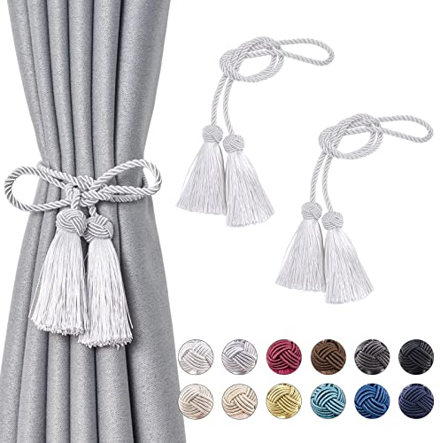 Pretty Jolly 2 Stück doppelte Quaste Vorhang Raffhalter handgemachte Seil Knoten drapieren Raffhalter Krawatte zurück Elegante dekorative Vorhanghalter für Haus & Büro Fenster Draperie (Silber Grau)