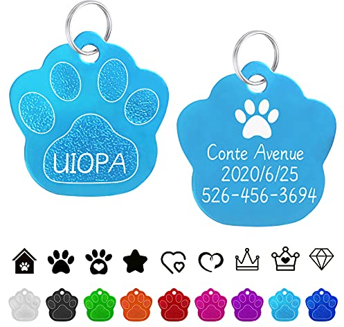 Uiopa 2pzs Huella Chapa Perro Grabada, Pata Chapas para Perros Personalizadas Placas Identificativas, Etiquetas de Identificación de Mascotas para Collar Perro Gato Mascota (Azul lago)