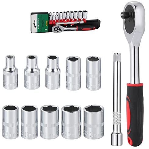 Knpwer 12 Pcs Jeu de Douilles 1/4,Lot Douilles et Cliquet,Ensemble de Clés à Clique 4-13mm,Coffret de Douilles,avec Clé à Cliquet à Dégagement Rapide et Barre d'Extension