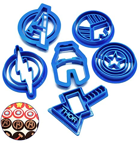 Avengers Keks Ausstecher,6 pcs Ausstechformen aus Kunststoff,Iron Man Thors Hammer Ausstechform,Superheld Cartoon Keksschneider,für Kekse Süßigkeiten und Kuchendekorationen