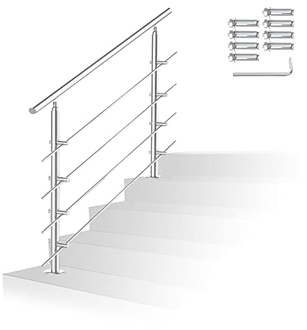 Randaco Rampe d'escalier en acier inoxydable pour l'intérieur et l'extérieur, balustrade pour balcon, parapet, escaliers, entrée de maison, (150 cm, 4 barres transversales)