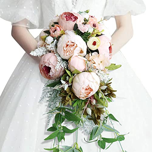 Brautstrauss Hochzeit Blumenstrauß,MoreChioce Hochzeit Blumensträuße mit Lange Künstlicher Spitze Hochzeit Brautstrauß Wasserfall Brautstrauß künstliche Blumen mit Schleife,#6