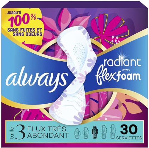 Always Radiant Feminine Pads for Women, Flexfoam Pads with Wings, Size 3, Extra Heavy Absorbency, Lightly Scented, 30 Count