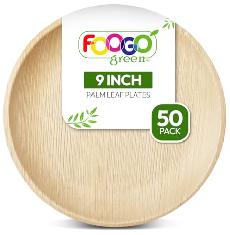 FOOGO Green 50pcs Disposable Palm Leaf Plates 9(23cm), Large Round, Eco Friendly Biodegradable Compostable Like Wooden, Bamboo, Paper Plates, for Hot Food Picnic Parties