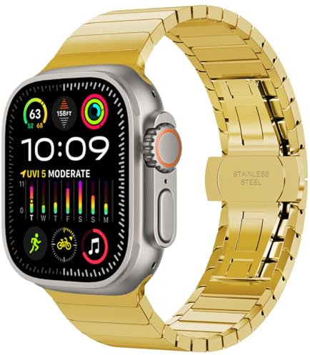 Fullife Metal Strap Compatible with Apple Watch Straps 49mm 46mm 45mm 44mm 42mm(Series 3 2 1),Stainless Steel Replacement Band for iWatch Ultra2/Ultra Series 10/9/8/7/6/5/4/3/2/1/SE,Gold