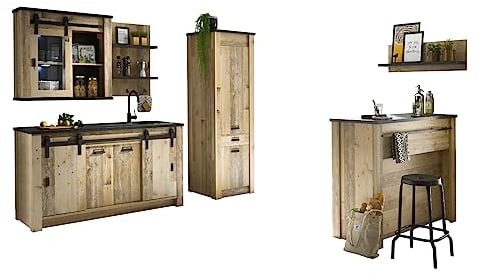 Furn.Design Küchenzeile mit Küchentheke Used Wood hell Holz und anthrazit/grau Küchenschrank komplett Set 6 teilig Kücheneinrichtung Landhaus mit Scheunentorbeschlag (Set1 6 teilig ohne Beleuchtung)