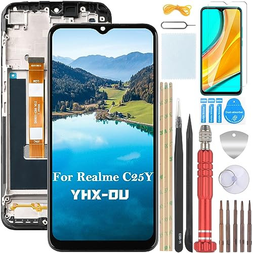 YHX-OU 6.5'' Negro + Marco Pantalla LCD para Realme C25Y RMX3265 RMX3268 RMX3269 ​Kit de Reparación de Pantalla Táctil Digitalizador con Herramientas + Vidrio Templado
