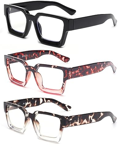 JM 3 Pack Quadratische Lesebrille für Frauen Männer, Übergroße Rechteck Federscharnier Leser Blaues Licht Blockiert +2.75