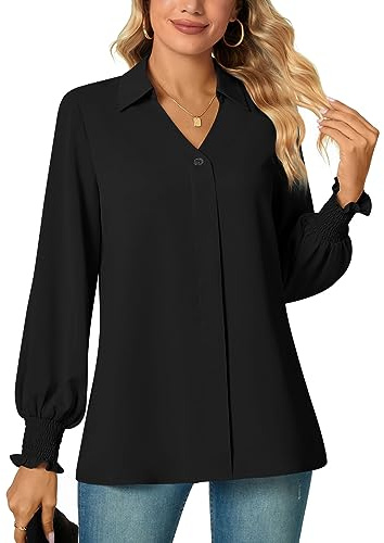 Aodemo Women's Fall Collared V Neck Business Blouse Loose Puff Long Sleeve Shirt Chiffon Tunic Dressy Tops with Smocked Cuffs S, Black