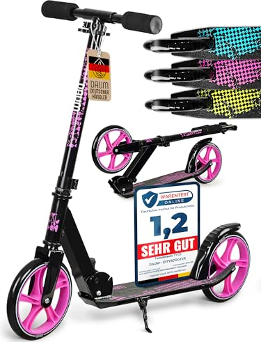 DAUM® Klappbarer Kickscooter (Pink), Höhenverstellbarer Scooter Kinder und Erwachsene bis 100kg, Leichter Kinderroller ab 8 Jahren, 20cm Räder, Cityroller, Hinterradbremse