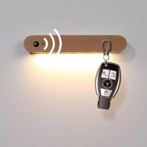 LOGT Wandleuchte Holz LED Wandlampe Akku USB Aufladbar mit Bewegungsmelder Innen Kabellose Wandbeleuchtung 3000K Warmweiß Magnetische Flurlampe Nachtlampe für Schlafzimmer, Wohnzimmer, Flur, Treppe