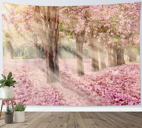 LB Wandteppich Rosa Blumenbaum Wandtuch Sonnenschein durch Wald Wandbehang Ästhetische Naturszenerie Tapisserie für Wohnzimmer Schlafzimmer Wohnheim Wanddeko,235x180cm