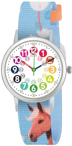 CHAOTECHY Kinderuhr für Mädchen und Jungens. Kleine Kinder Lernen die Zeit kennen und leicht zu lesen. Justierbares Nylon Armband, Analog Uhr für Jungens und Mädchen zwischen 4 bis 11 Jahren (Pferd)