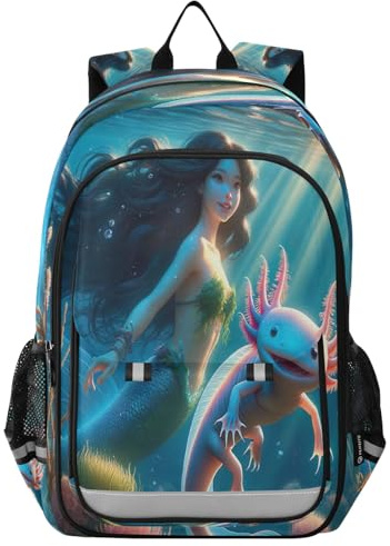 RPLIFE Büchertasche für Kinder, Motiv: Wolf heulender Sternennacht, robuster Rucksack für Kinder, Jungen, Axolotl Mermaid, Einheitsgröße, Kompakt