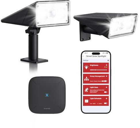 X-Sense Smart Solar Lights Outdoor Waterproof, 2-in-1 Solar Spotlights with Motion Detector, APP Control, 3 Lighting Modes Solar Lights for Outside, Yard, Cool White, 2-Pack with Base Station