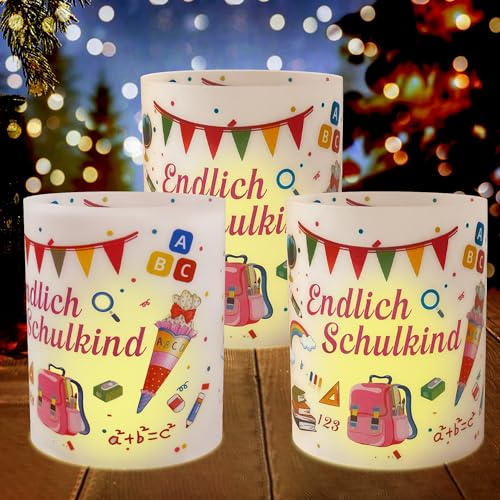 ROLLWAY 16 Windlicht Tischdeko Einschulung Mädchen Einschulungsdeko Mädchen 2024 Rosa Windlicht Einschulung Deko Schulanfang Mädchen Endlich Schulkind Deko Windlichter Mädch für Teelichter oder Kerzen
