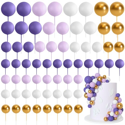 Bouiexye 75 Pieces Cake Balls Topper Decorations Foam Cupcake Topper Mini Balloon Cake Topper Balls Cake Picks for Cake Deco Birthday Party Wedding(Purple, Light Purple,Gold, White)