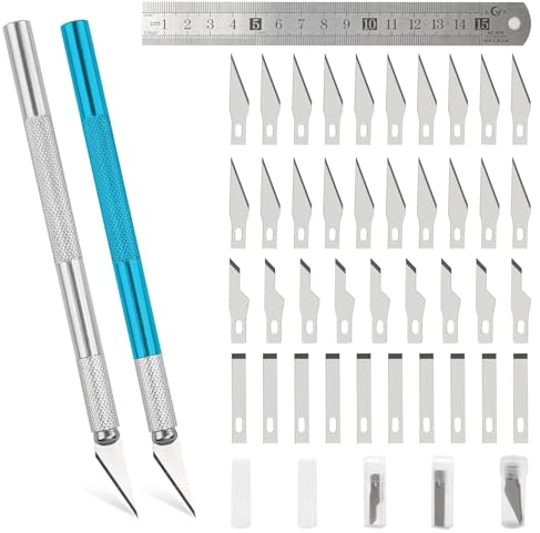 2pcs Precision Craft Knife Set with 40 Spare Blades 4 Types Blades and 1 Steel Rule, Professional Precision Carving Hobby Knife for DIY Art, Craft, Model Making, Scrapbooking,Paper Cutting