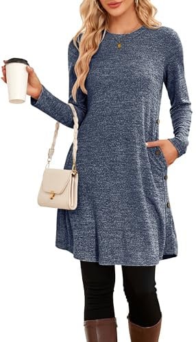 SENBATU Winter-Pullover-Kleider für Damen, Midi-Langarm, Kausale Knöpfe, seitliches Tunika-Kleid mit Taschen, mittel,Blau