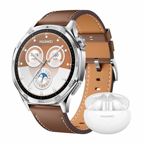 HUAWEI WATCH GT 5 46mm Smartwatch,Design elegante, Nuova modalità corsa e ciclismo, Monitoraggio della salute, 14 giorni1 di durata della batteria, iOS e Android, Marrone + FreeBuds 5i Bianco