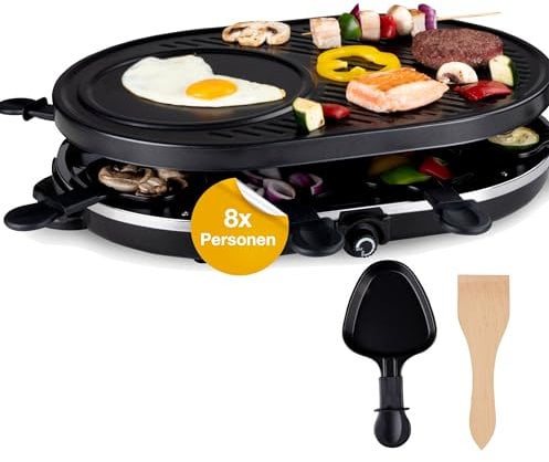 Raclette Set für 8 Personen - Grill oval - Mit Crepes Funktion - Tischgrill inkl. Pfännchen & Schaber - RUND (TK49304)