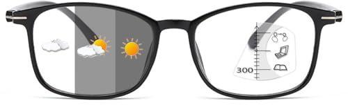 Lanomi Gleitsichtbrille Herren Damen Selbsttönende Gleitsicht Lesebrille Rechteck Progressive Multifokal Brille Photochrome Lesesonnenbrille mit UV400 Schutz Schwarz Gleitsichtbrillen 3.0
