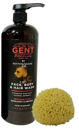 Shower Gel for Men - 3-in-1 Body Wash Face Cleanser and Shampoo - XL Bottle 1 Litre - The Gent - Invigorating Bergamot and Orange - Fathers Day Bundle with Rainbow Gifts Soft Sponge