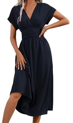 QUNERY Robe Longue Femme Ete Elégante Robes de Plage Manches Courtes V Taille Haute Unie Maxi Dress Casual et Chic Marine S